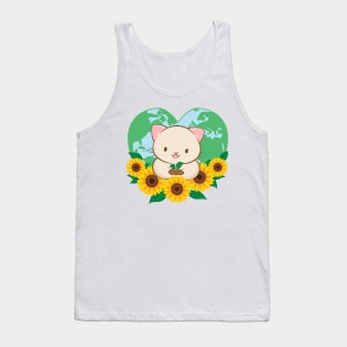 Love Our Planet Cute White Cat and Sunflowers Kawaii Earth Day Tank Top